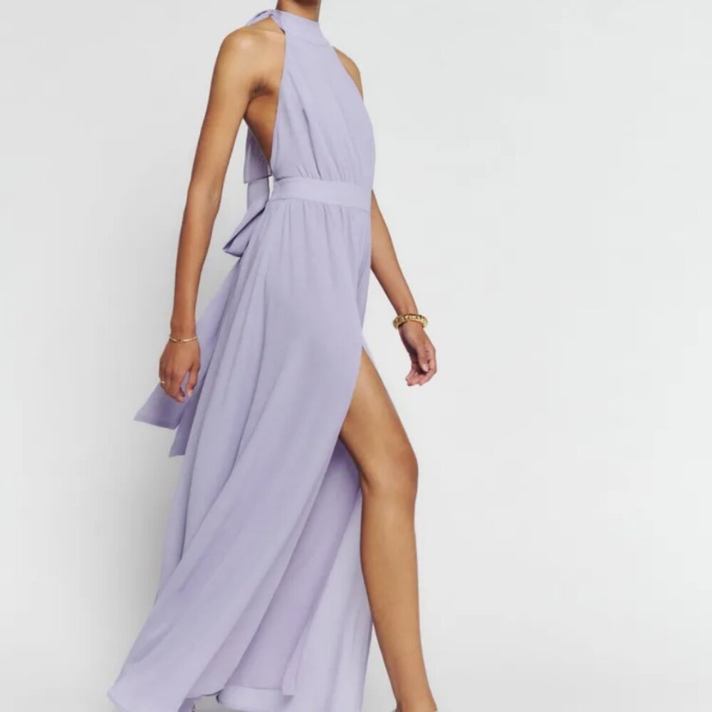 Reformation Womens Dress 4 Purple Andee Maxi Halter Open Tie Back Bridesmaid